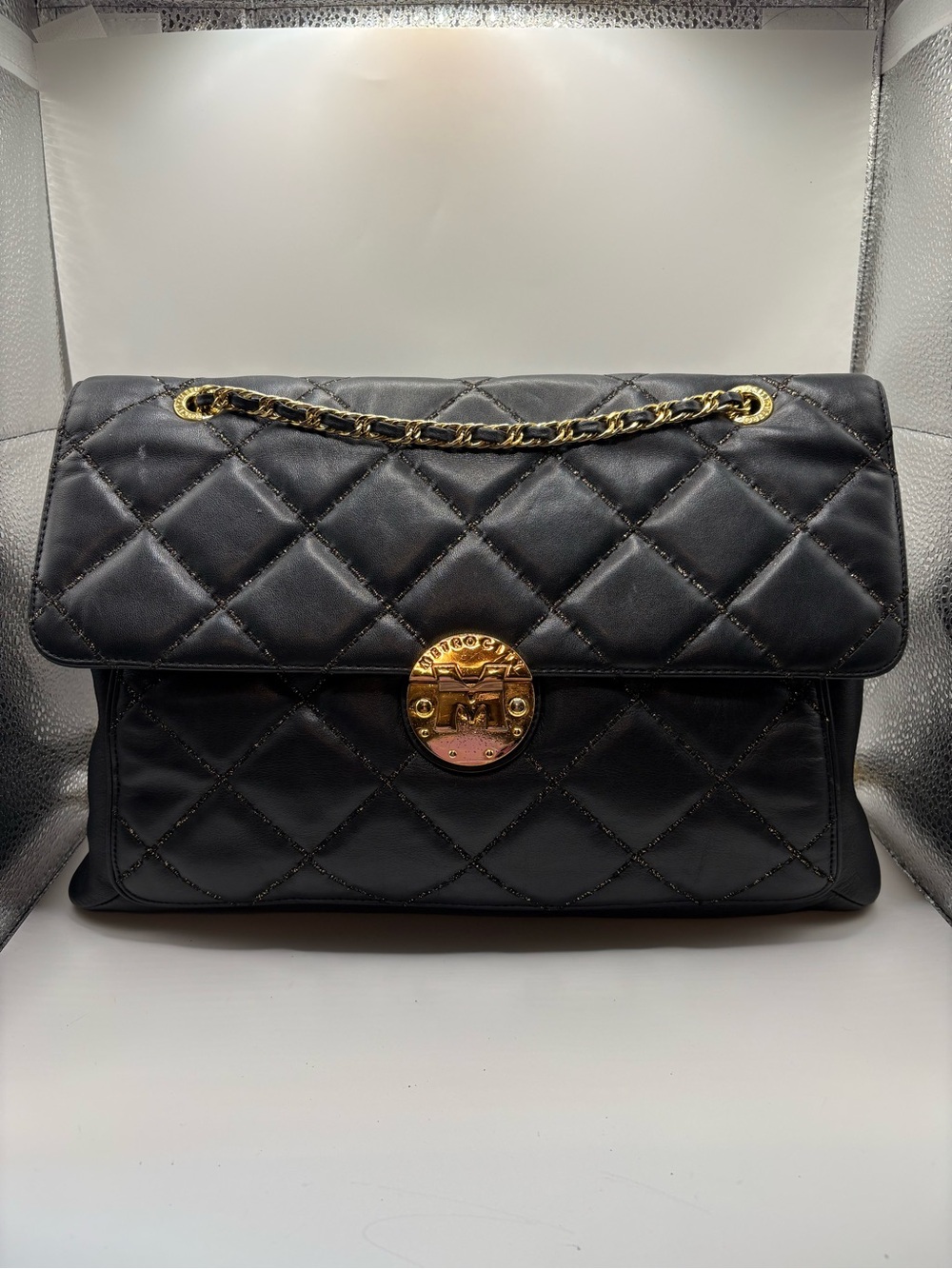 Metrocity Quilted Black Shoulder/Crossbody Bag with Gold Hardware